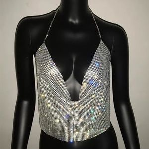 Sexy All Silver Rhinestone Crystal Scoop Party Bling Backless Chain Halter Top